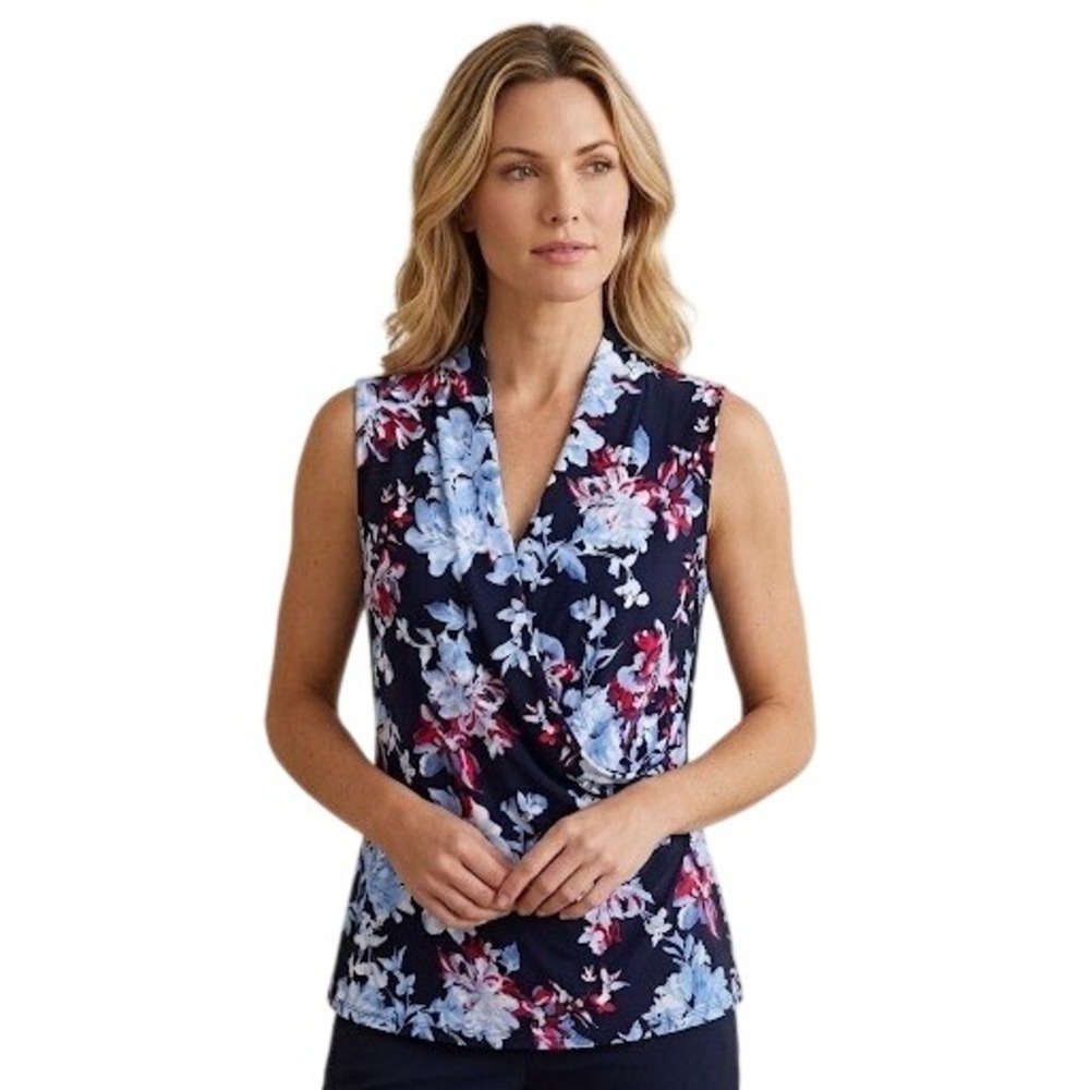 Anne Klein Womens Navy Blue Floral Sleeveless Draped Surplice Wrap Top Size M